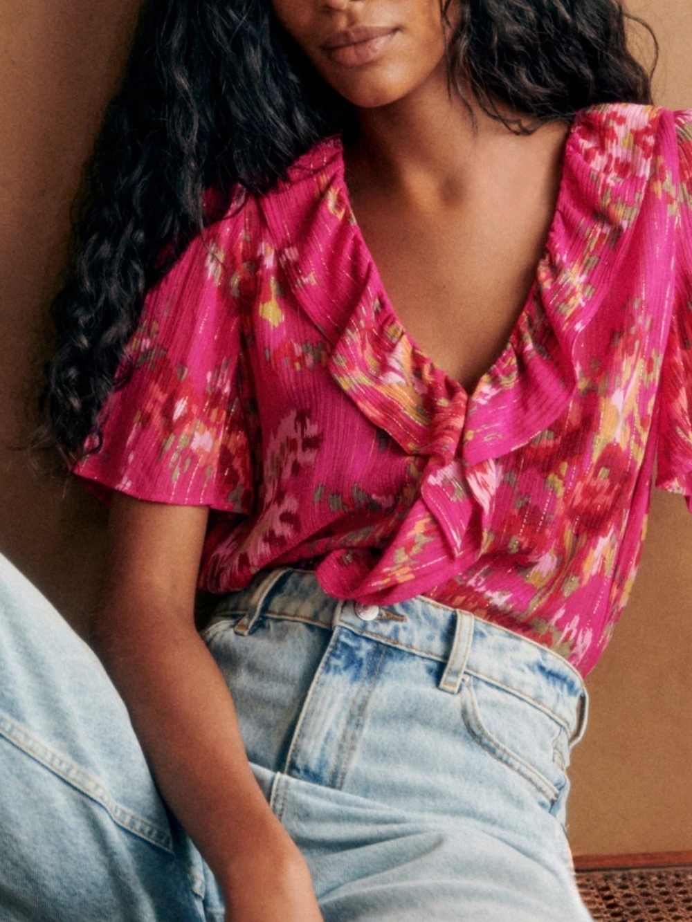 Sezane Jasmine Fuchsia Floral Ruffle V-Neck Blouse